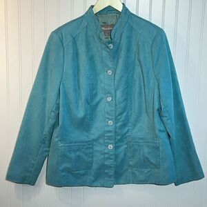 Tan Jay Button Down Jacket Women’s 14 Blue Faux Suede Classiccore Office Wear